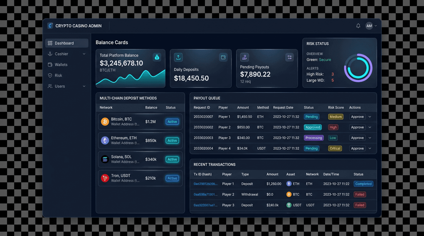 Crypto casino cashier and wallet administration interface