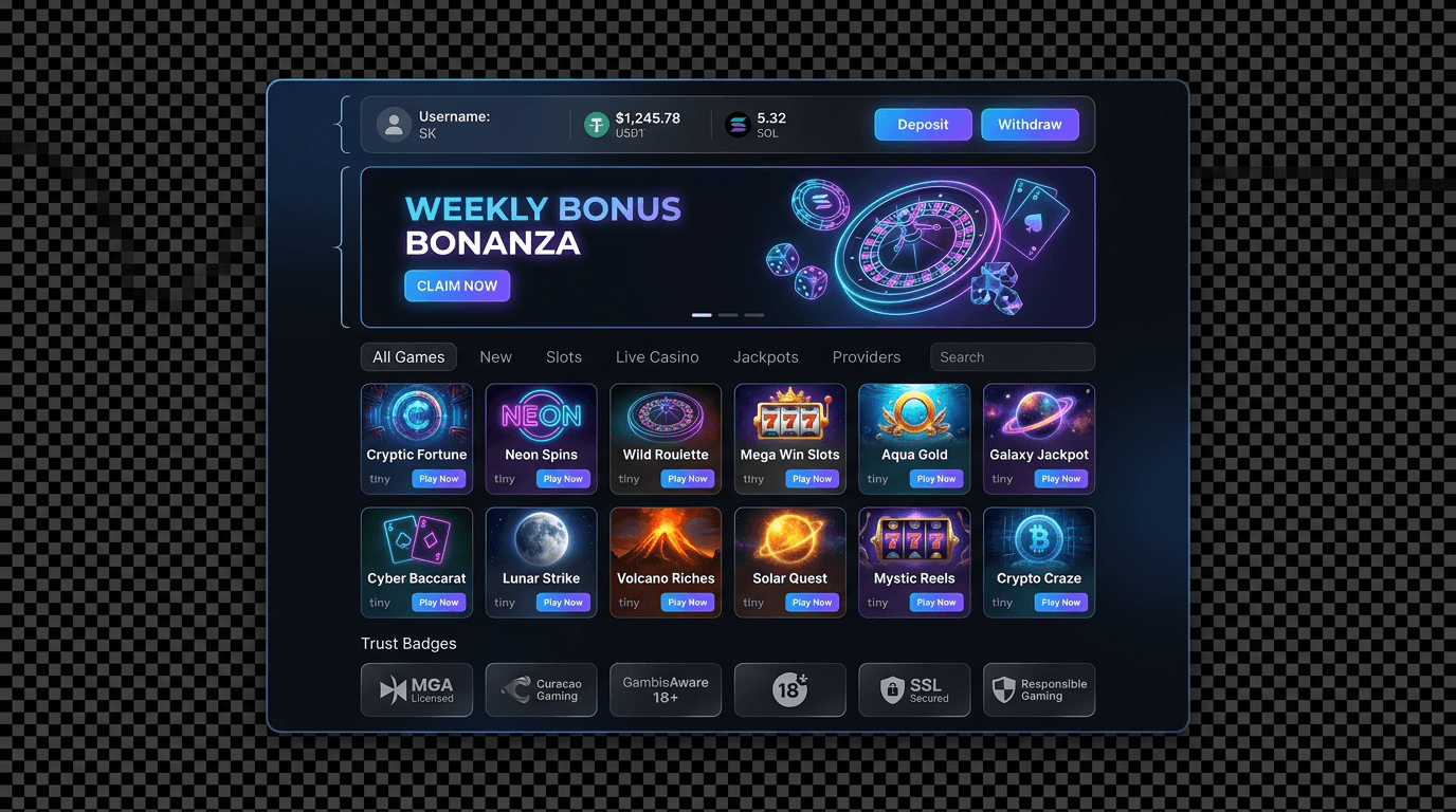 High-fidelity player lobby interface with game tiles and wallet strip