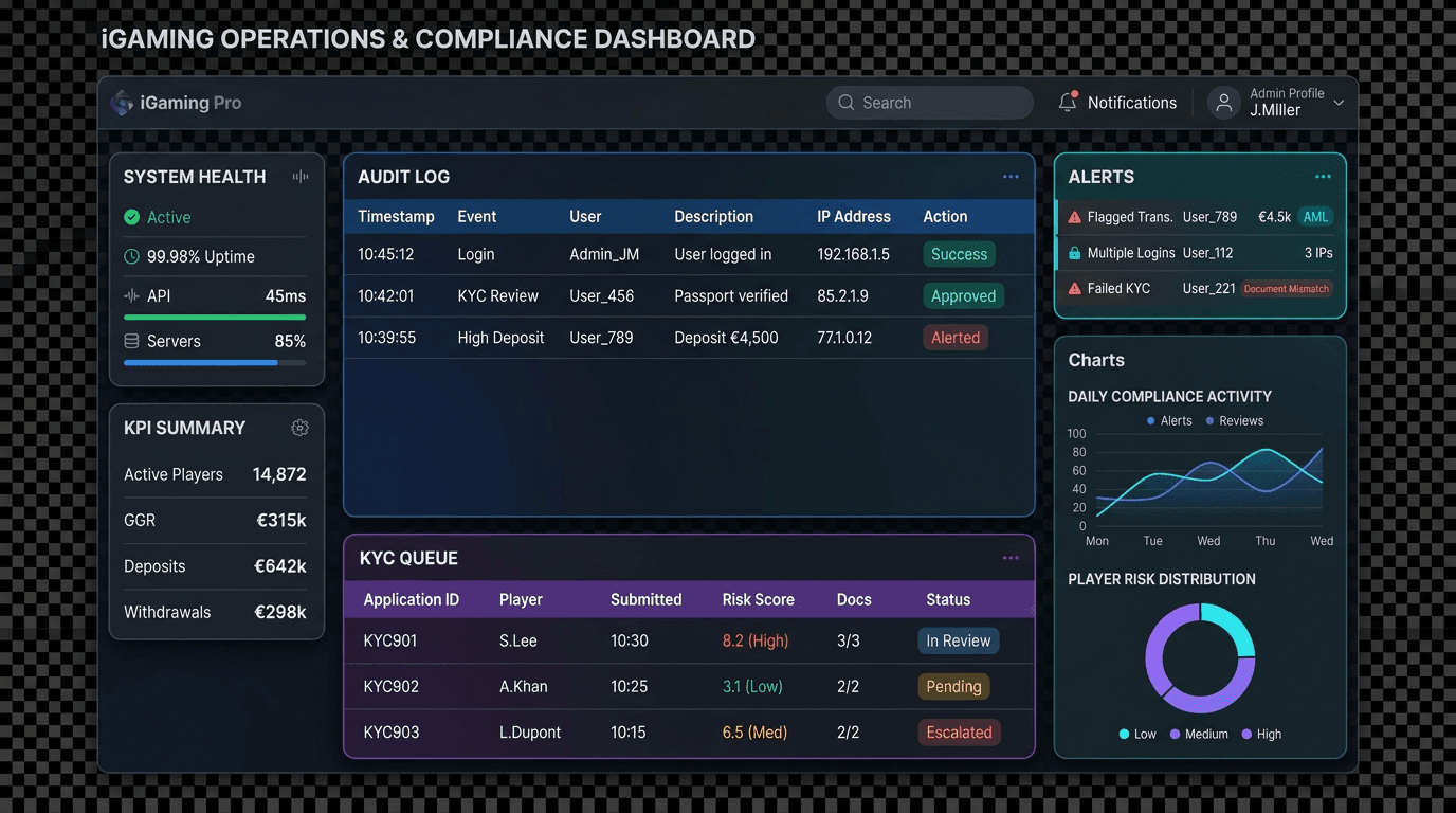 Operations and compliance dashboard for casino platforms